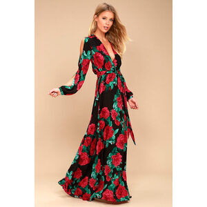 Lulus Strike A Rose Black Floral Print Long Sleeve Maxi Dress - Size M